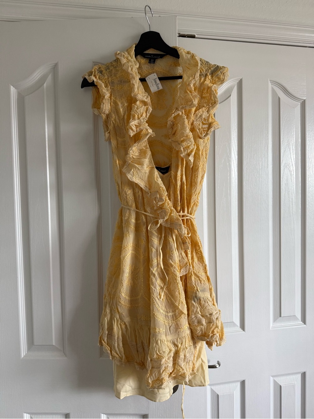 Needle & Thread Butter Yellow Embroidered Ruffle Wrap Dress US 8 UK 12
